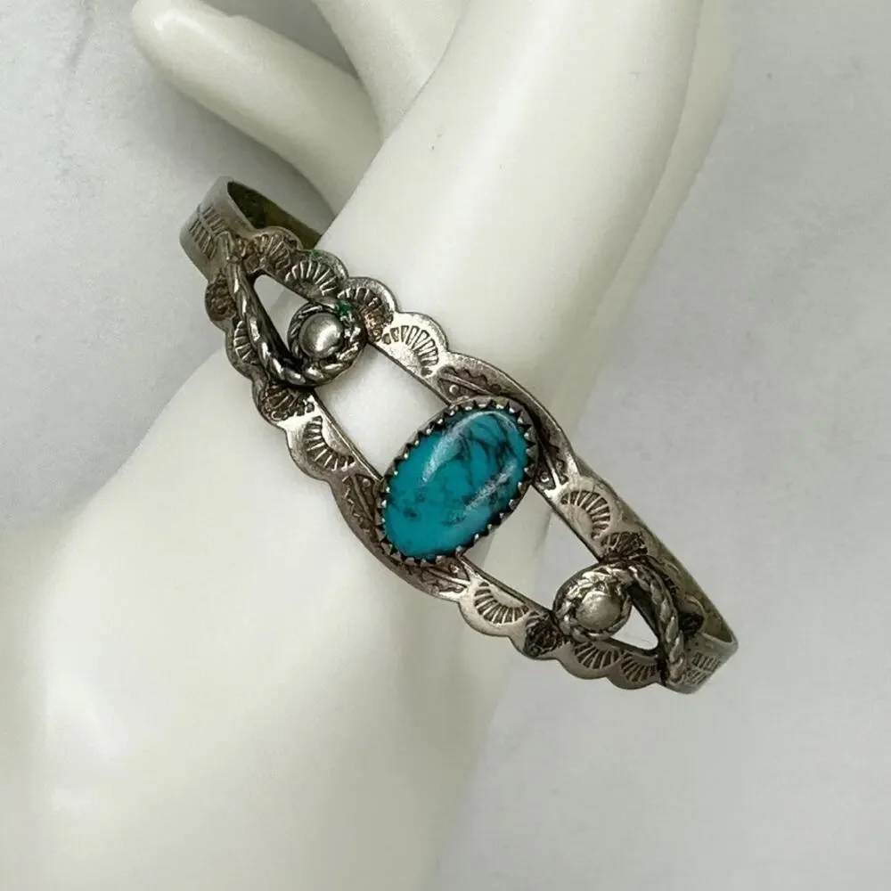 Vintage Bell Trading Post Nickel Silver Faux Turquoise Child Cuff Bracelet ✨